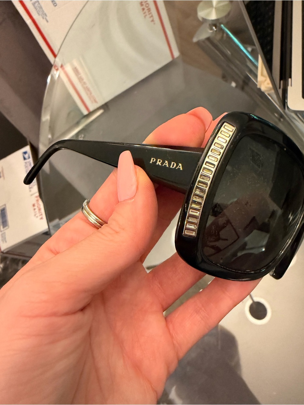 Prada Glossy Black Square Sunglasses with Rhinestones and Gold Logo - Picture 5 of 7
